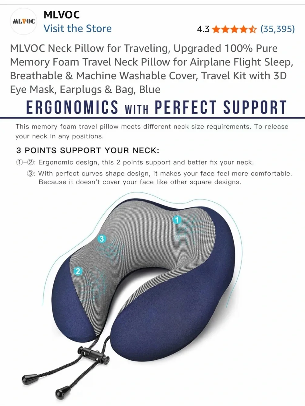 Navy/Gray Memory Foam Ergonomic Travel Neck Pillow